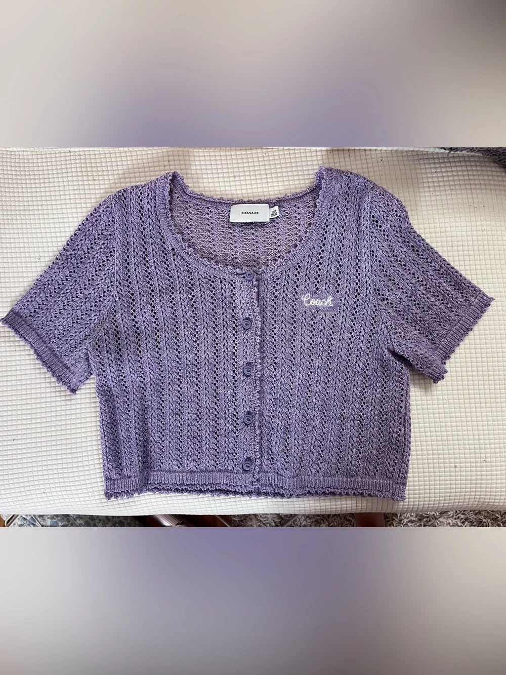 Coach Lilac Open-Knit Button Cardigan